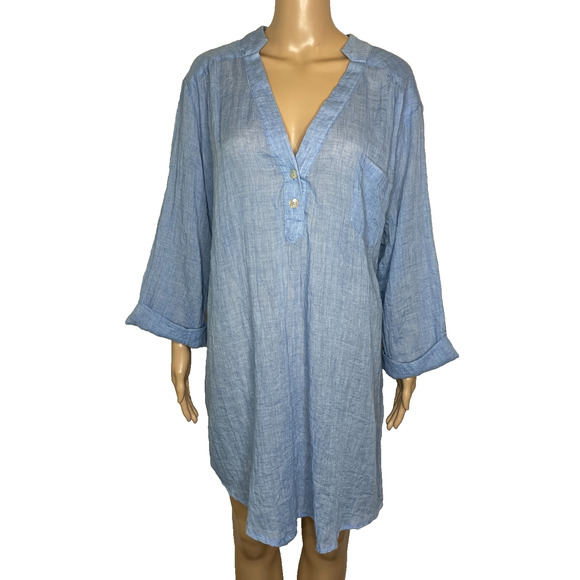 Women's XXL Portocruz Blue Lightweight Button Front Semi-Sheer Tunic Blouse - Picture 1 of 5